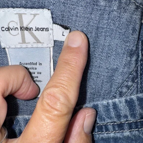 Vintage Calvin Klein Bib Overalls Shorts Jeans Denim Womens L Double Stone Wash - Picture 7 of 16
